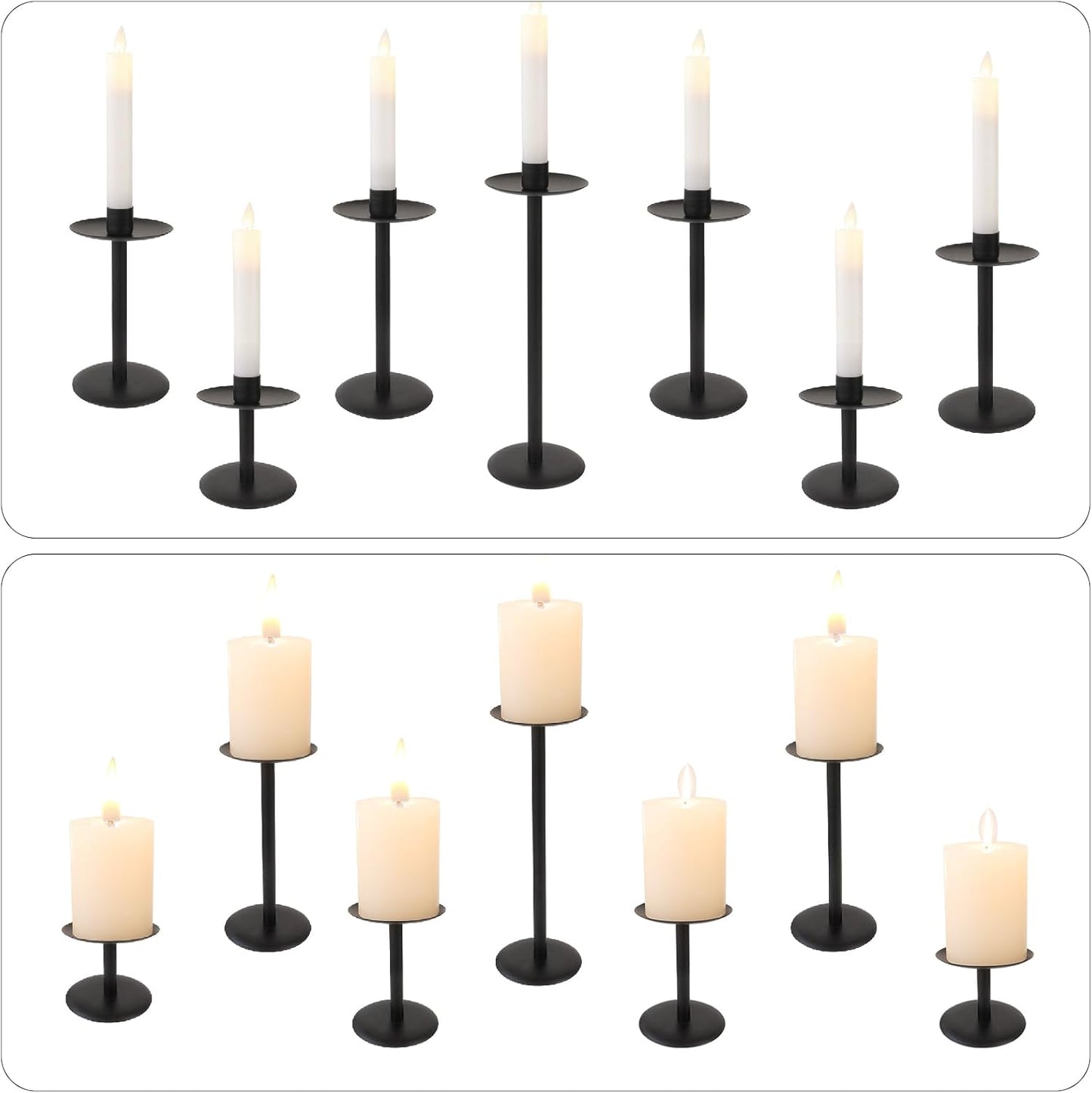 Set of 7 Metal Black Candle Holders, Assemblable Pillar and Taper Candlesticks, Halloween Fall Thanksgiving Day Dining Table Centerpieces Decor, Mantle Fireplace Candle Sticks Decorations