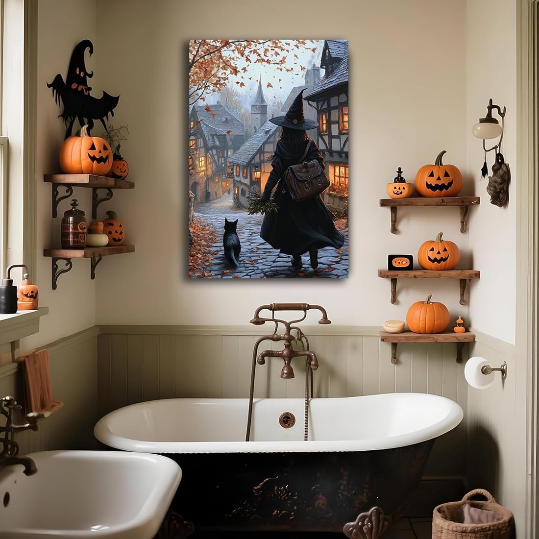 Autumn Witch And Black Cat Picture Wall Decor,Halloween Canvas Vintage Rustic Wall Art,Preppy Bedroom Living Room Bathroom Poster Print,24"x36" Framed