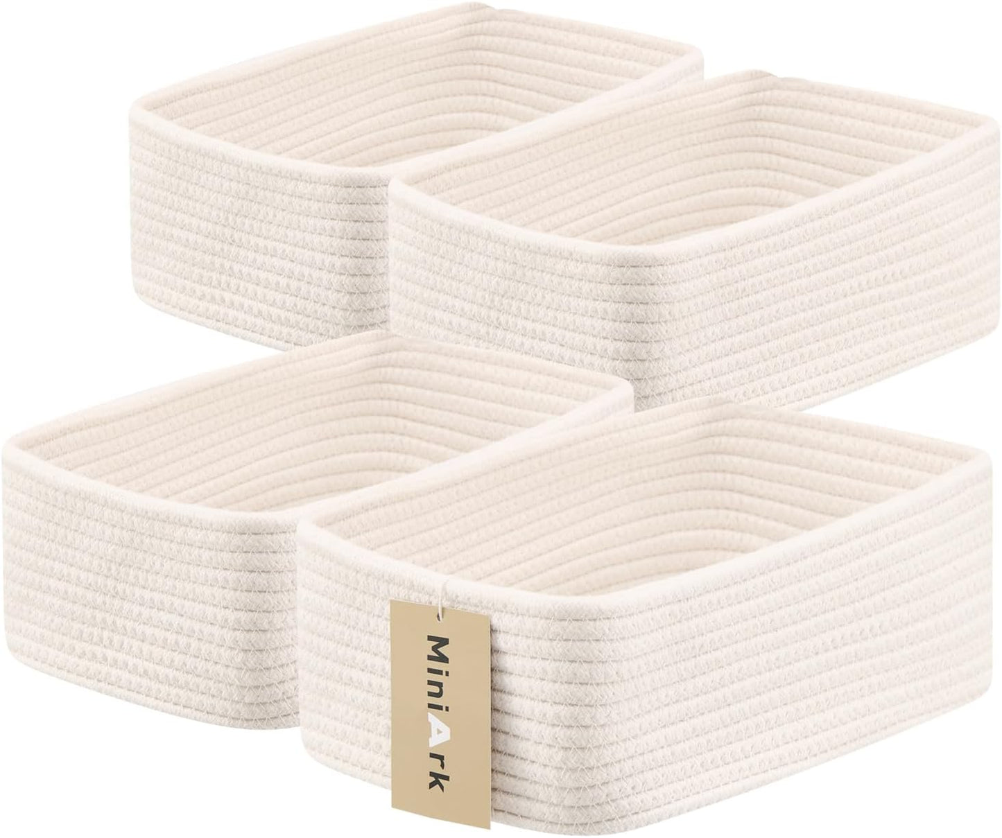Small Storage Baskets for Organizing | Closet Organizer Bins | Shelf Toy Basket | Woven Rope Baskets | Cube Decorative Box | Shallow Basket | 11.5x7.5x4.7” | 4 Packs Off White