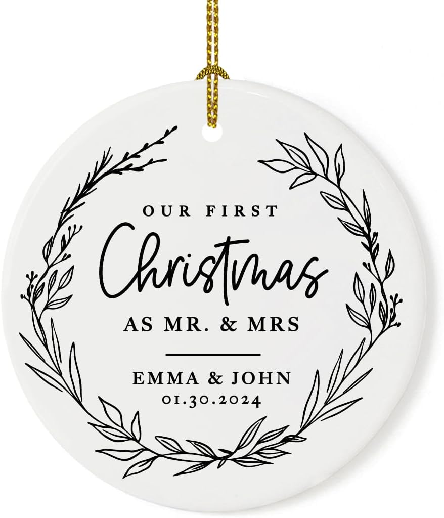 Andaz Press Personalized Our First Christmas As Mr. & Mrs. 2024 Christmas Ornaments Modern Farmhouse Wreath 2.8" Round Porcelain Ceramic 1st Year Married Custom Ornament Keepsake for Newlyweds 1-Pack
