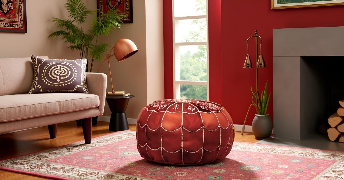 Stuffed Arch Design Moroccan Leather Pouf Ottoman, Handmade, Pre-Filled, 100% Genuine Leather, 14” Height x 22” Diameter – Boho Chic Footstool & Living Room Décor (Honey Cognac)