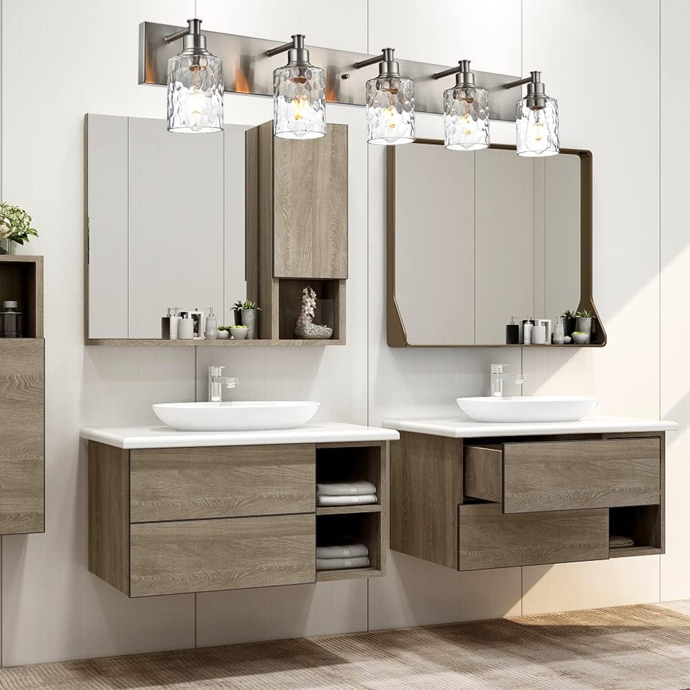 BONLICHT 5 Lights Sconces Wall Lighting Brushed Nickel with Hammered Glass Shade, Industrial Bathroom Light Fixtures Vanity Lights Porch Light Fixtures Classic Metal Wall Mount Lamp Over Mirror