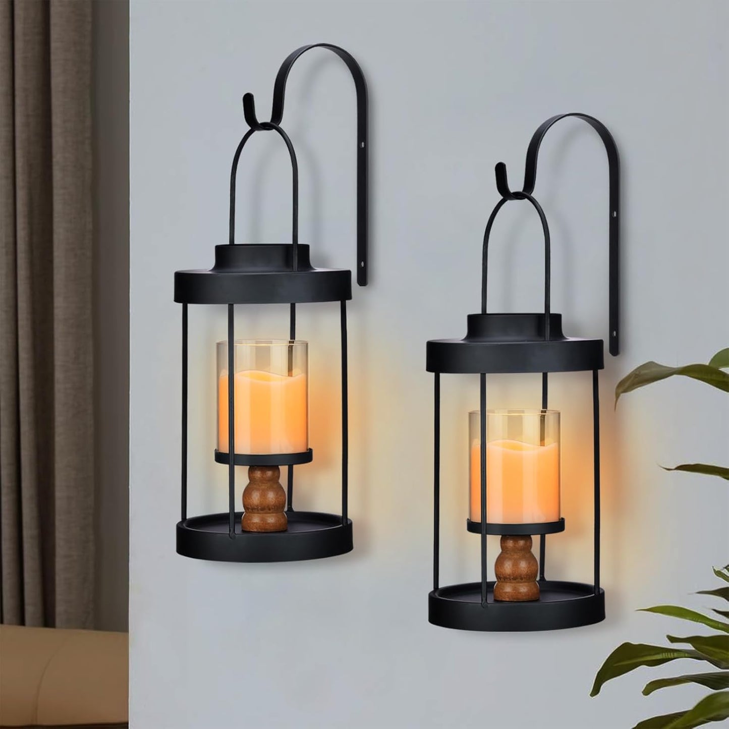 Metal Wall Sconce Candle Lantern Set of 2 - Black Wall Mounted Wood and Metal Hanging Holder with Glass & Candles Vintage Wall Decor for Porch, Living Room, Dining Room, Bedroom Indoor Decor