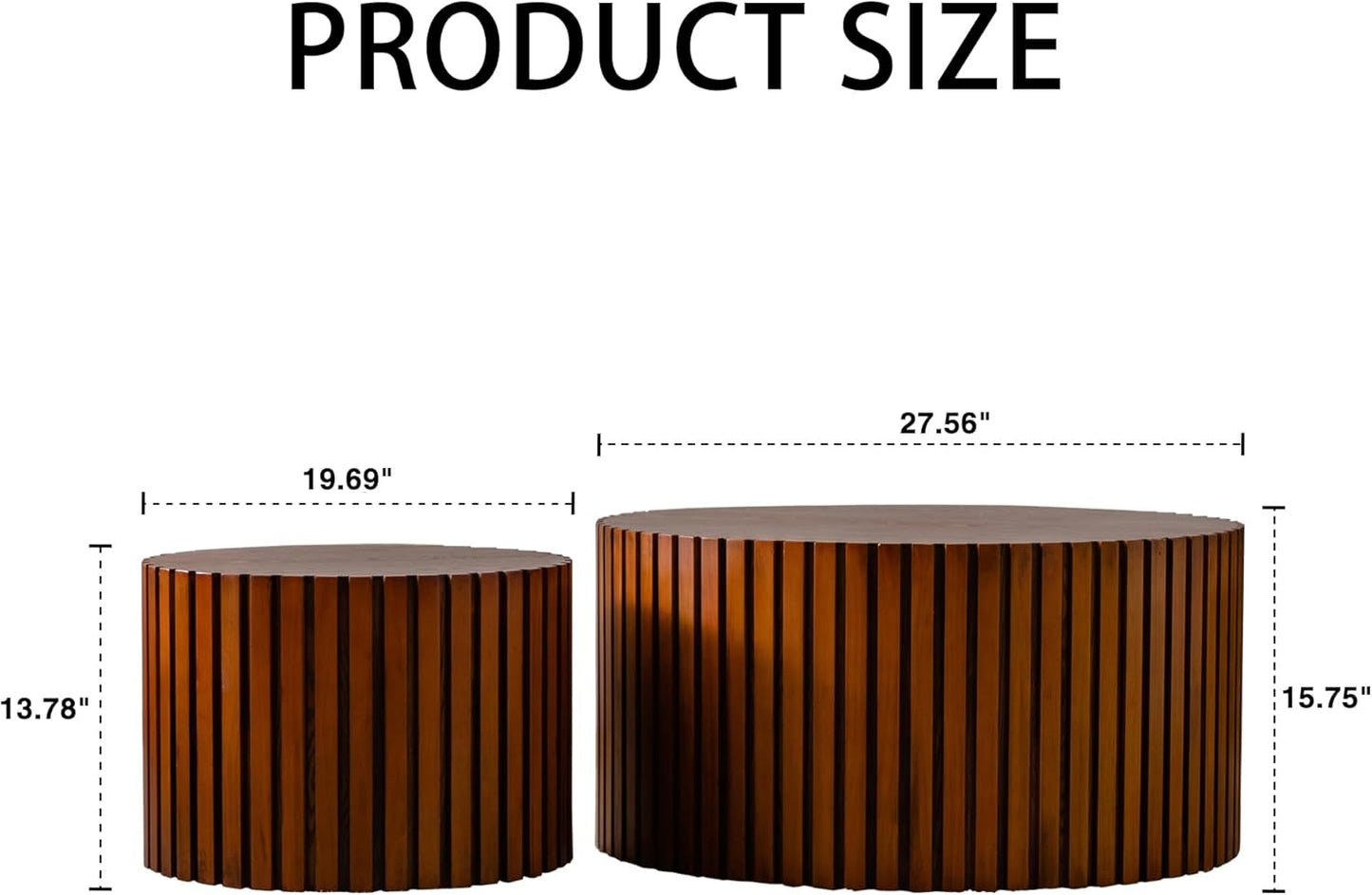 Nesting Round Coffee Table Set of 2, 27.56" Fluted Circle Accent End Table, Morden Drum Side Table, Wooden Center Table for Living Room, Fully Assembled - Walnut