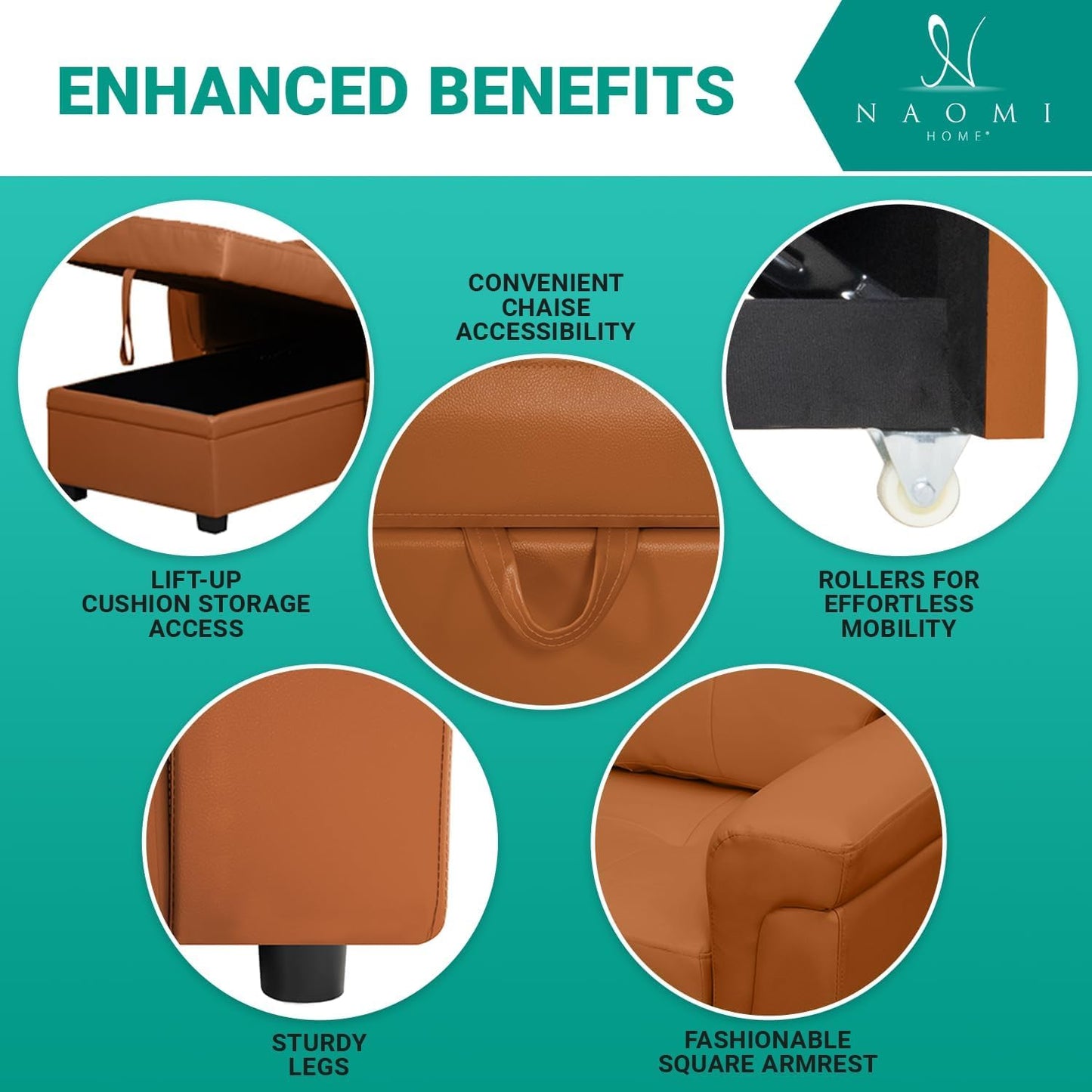 Naomi Home L-Shaped Reversible Sectional Sofa with Pull-Out Sleeper Bed and Storage Chaise, Caramel Air Leather