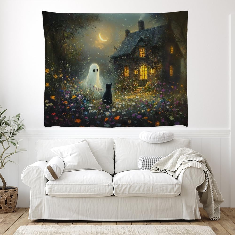 Halloween Black Cat and Ghost Tapestry Wall Hanging for Spooky Cute Bedroom Decor Dark Academia Moon Wildflower Cottage Tapestries Aesthetic for Home Living Room Decoration 50x60inch