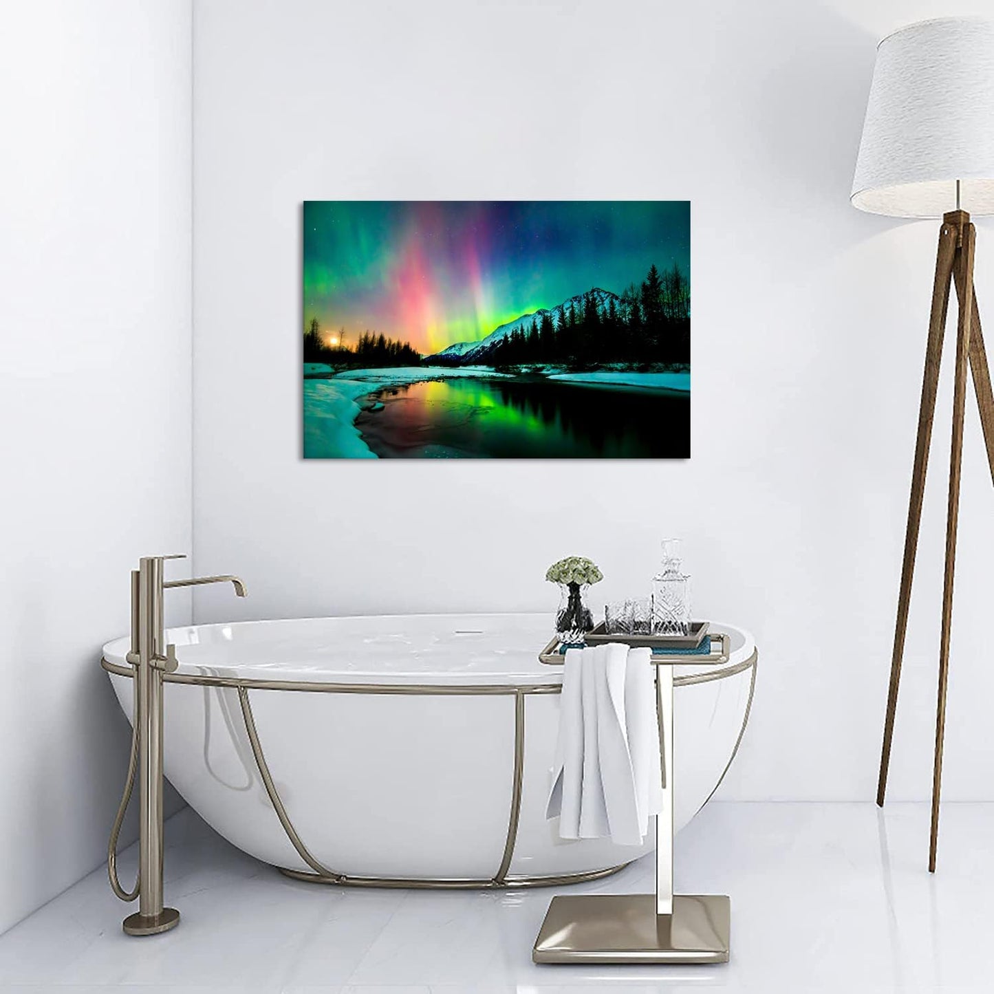 Aurora Borealis Canvas Wall Art Northern Lights Canvas Print Painting for Living Room Snowy-Mountains-Landscape Poster Picture Wooden Framed Prints Ready to Hang(28.00"x44.00")
