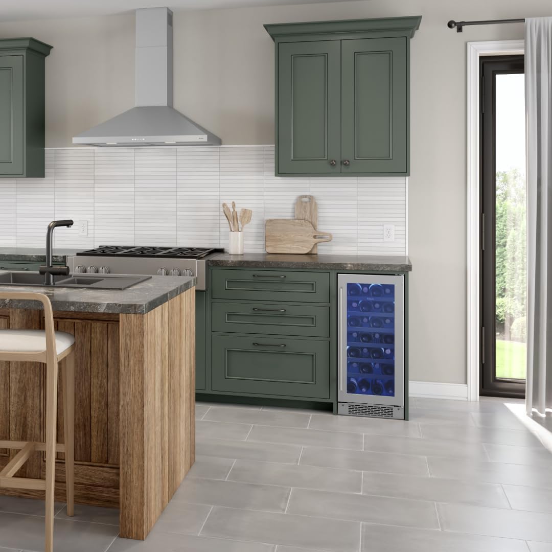 Zephyr Brisas 15 Inch Slim Wine Fridge Single Zone Under Counter - Narrow Mini Wine Cooler Small Cabinet Wine Refrigerator Home Bar Freestanding with Glass Door - 28 x 750ml Bottles