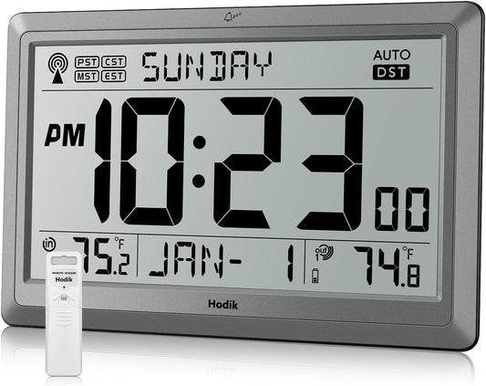 Wall Clock Atomic with Indoor Outdoor Temperature Battery Powered, Easy Reading with 10.5 Inch Large LCD Display, 330FT Range Table Wall Clock With DST, 12/24 Hour for Living Room Kitchen (Silver)
