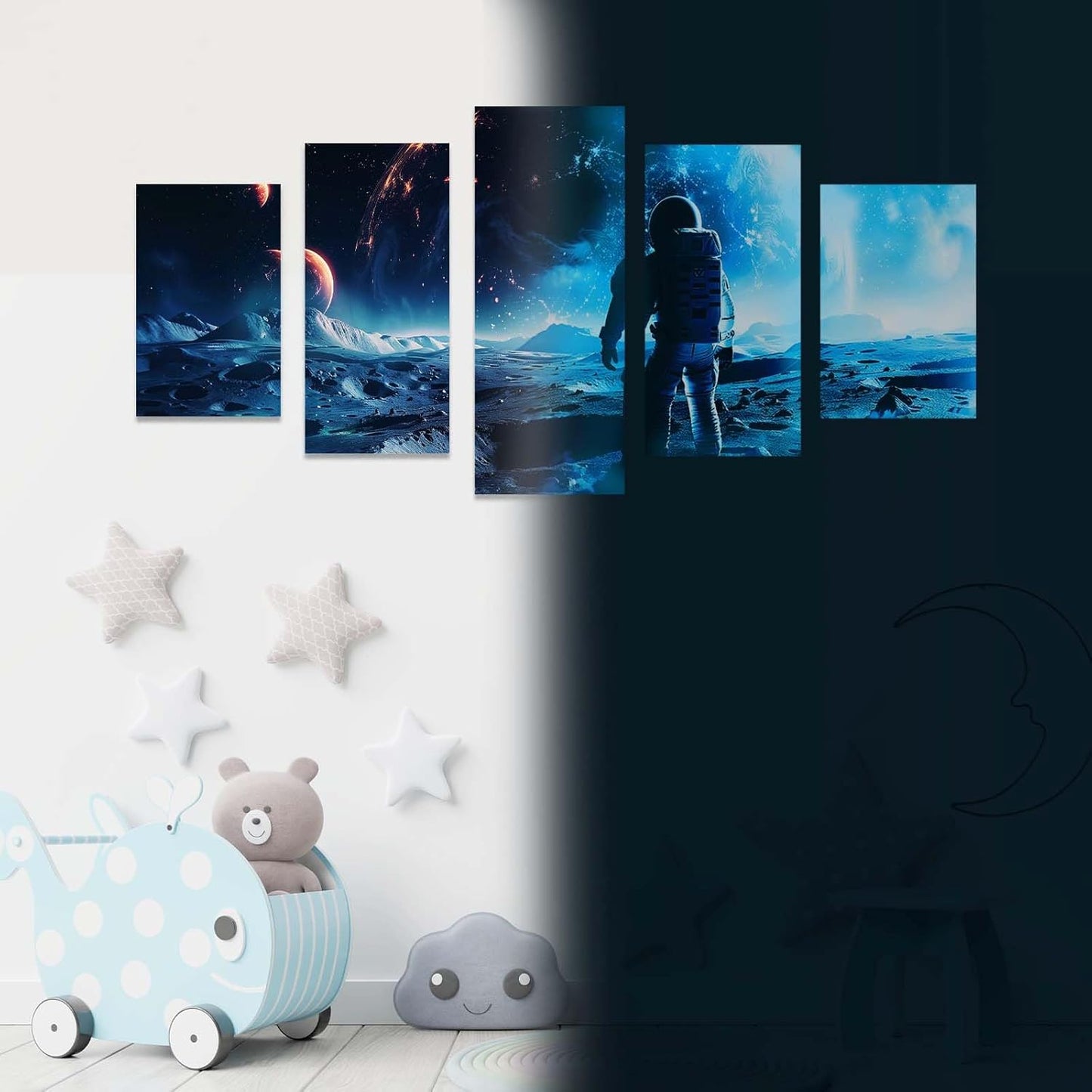 SNAIL GARDEN 5 Pcs 3D Luminous Universe Astronaut Wall Stickers,Glow in The Dark Wall Decals,Self-Adhesion Space Themed Wall Decor,Solar System Decal for Room,Space Room(Blue Light)