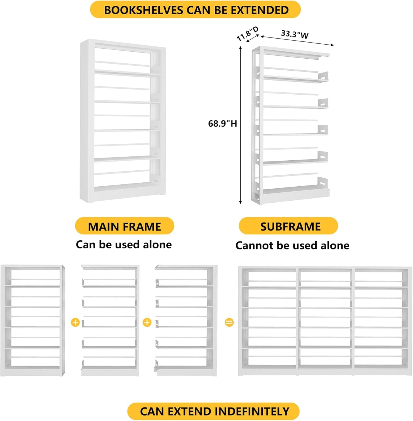 Heavy Duty Metal Bookshelf, 5 Shelf Adjustable Bookcase, 69’’ Tall Modern Bookshelves, Open Book Shelf Organizer, Large Sturdy Book Case for Living Room, Library, Office, White Book Shelf