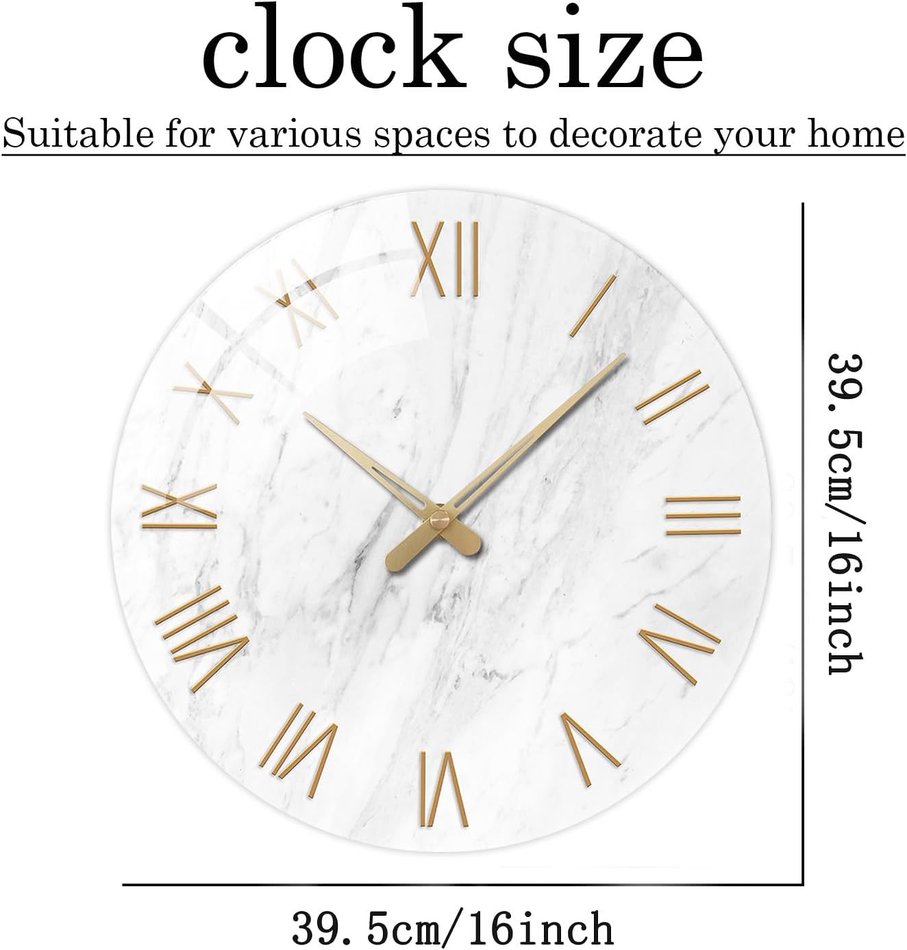 White Marble Large Clocks for Living Room Round Glass Wall Clock Battery Operated 16 Inch Silent Wall Clock Non Ticking