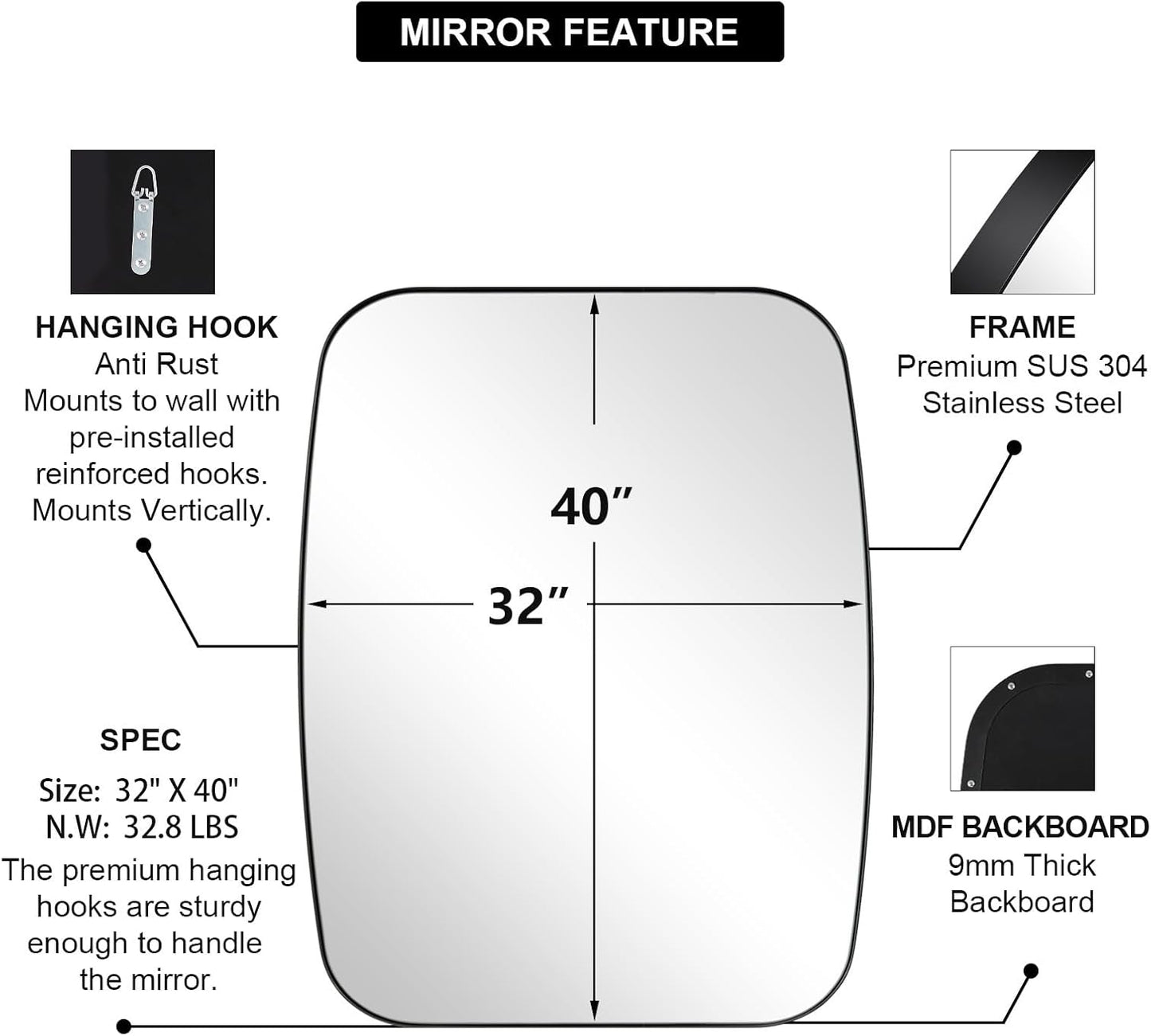 ANDY STAR Black Oblong Mirror, 32x40 Inch Black Oval Mirror for Bathroom with Stainless Steel Metal Frame, Wall Mouned for Bathroom, Living Room, Entryway