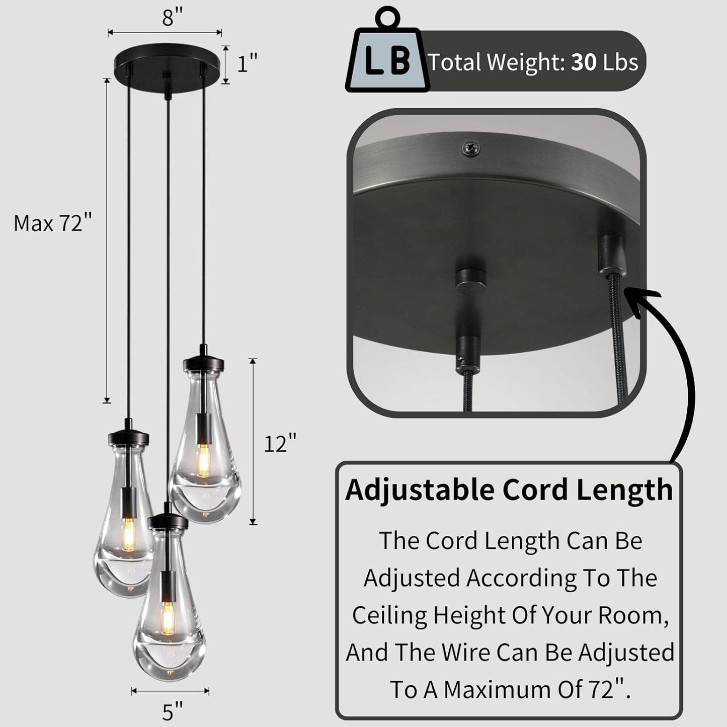 Bronze 3 Light Pendant Lighting, Raindrop Pendant Lights, Black Adjustable Hanging Rope Cluster Pendant Lighting Over Kitchen Island, Teardrop Glass Chandelier Dining Room Light Fixture