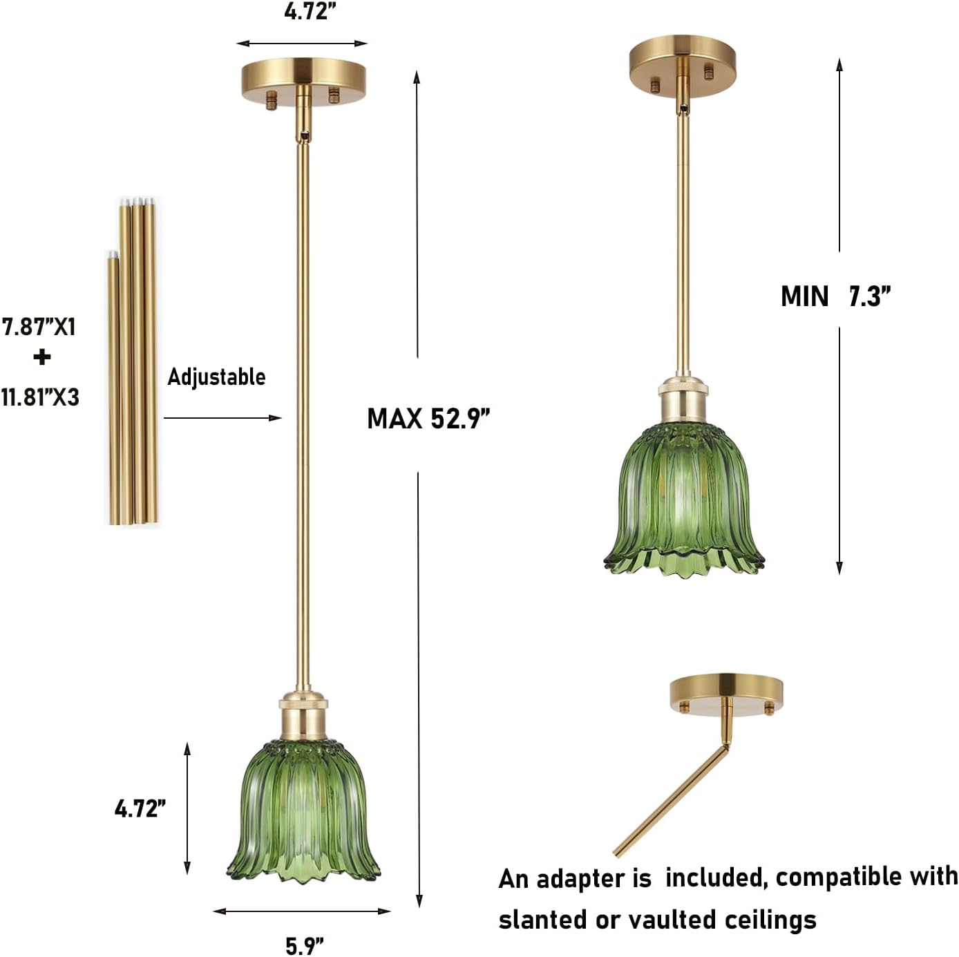 Modern Gold Pendant Light 3 Pack Brushed Brass Mid Century Chandelier Green Glass Shades Adjustable Rods Farmhouse Ceiling Hanging Lighting Fixture Kitchen Island Dining Room Bedroom