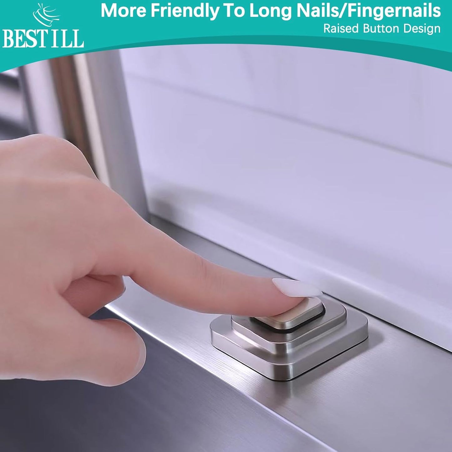 BESTILL Garbage Disposal Air Switch Kit, Square Raised Push Button Ideal for Long Nails, Cordless Sink Top Brass Switch for Food Waste Disposer, Brushed Nickel, Compatible with all Garbage Disposals