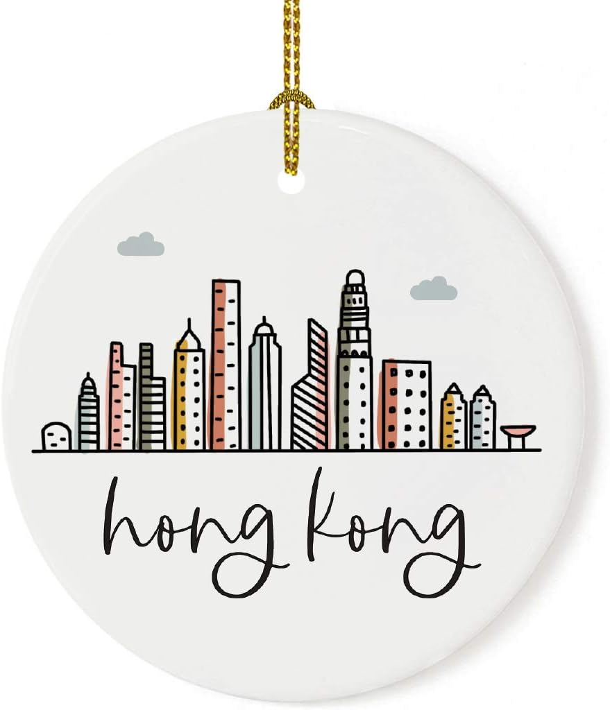 Andaz Press Round Ceramic Porcelain Christmas Tree Ornament Keepsake Gift, Hong Kong, Colorful International City Skyline Graphic, 1-Pack, Birthday Family Coworker Him Her, Gift Box