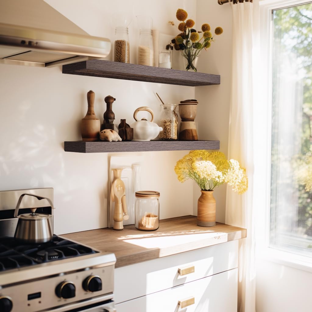 LaVie Home Floating Shelves, 24 Inch Wall Shelf Set of 2, Hanging Shelf with Invisible Brackets, Wall Decor for Bathroom, Bedroom, Living Room, Kitchen Storage, Rustic Brown