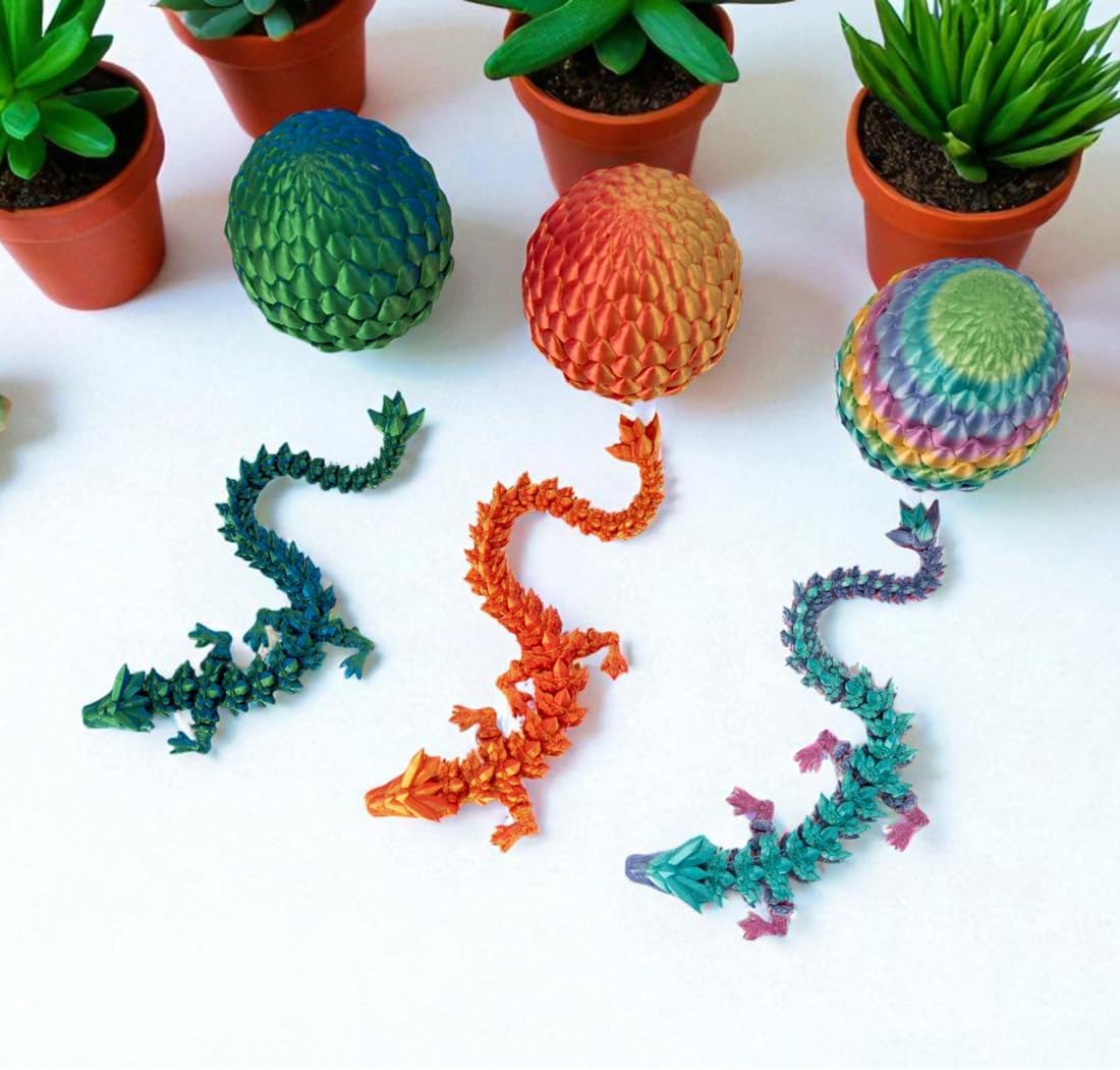 3PCS 3D Printed 12” Articulated Crystal Dragon Inside 5.1” Egg – Fantasy Collectible, Fidget Toy & Stocking Easter Basket Stuffers for Home & Office Decor (3pcs - Rainbow)