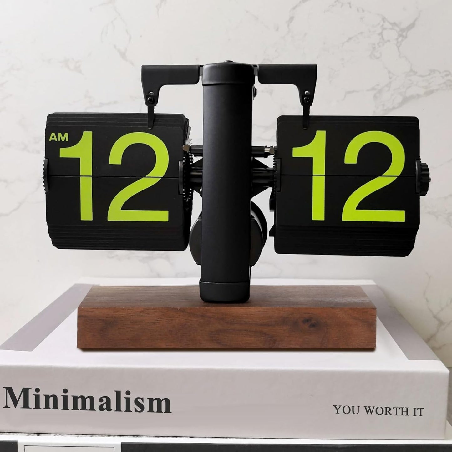 Flip Desk Clock, Retro Vintage Flip Desk Table Clock, Digital Sided Large Numbers Mechanical Flip Clock Wood Base for Living Room, Study Room and Office（Frosted Black）