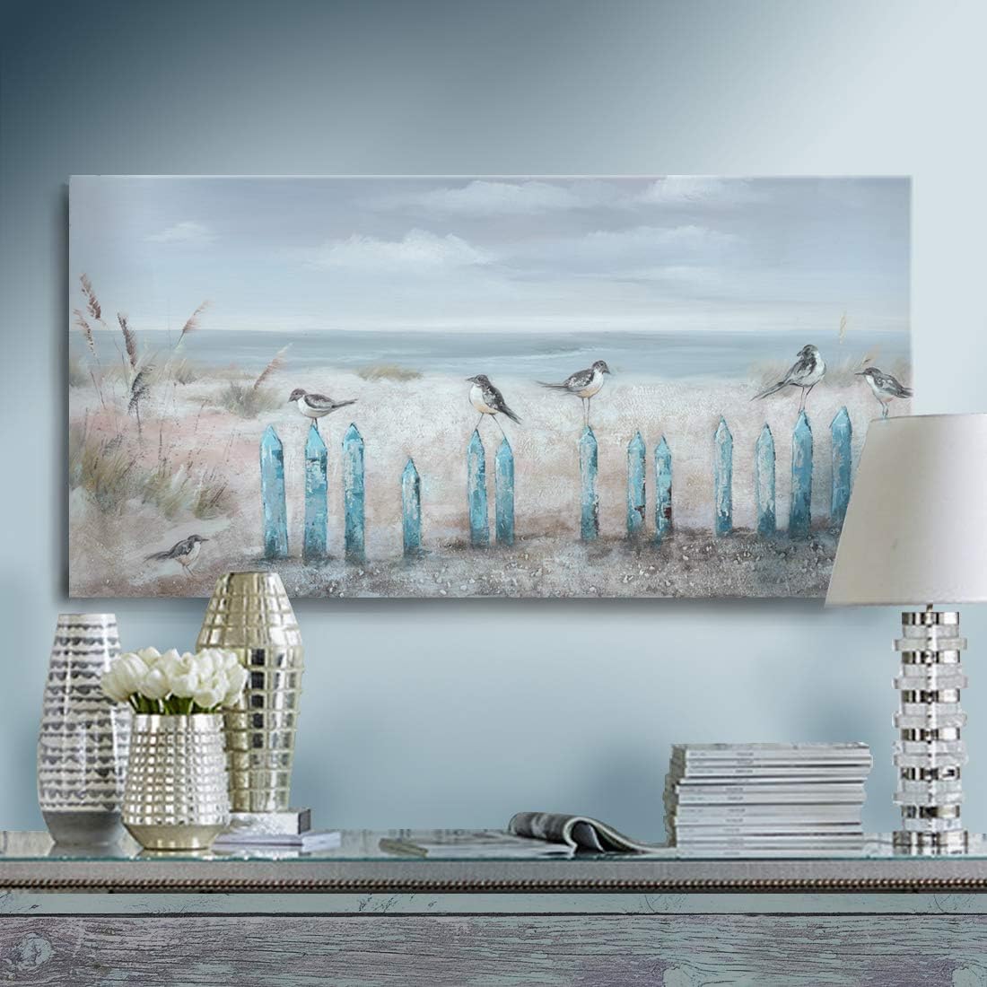 amatop Ocean Beach Wall Art 3D Framed Hand-Painted Seascape Oil Painting Perching Bird Canvas Artwork 'The Tranquility by The Sea Shore' for Living Room Bedroom Decor Coastal Blue