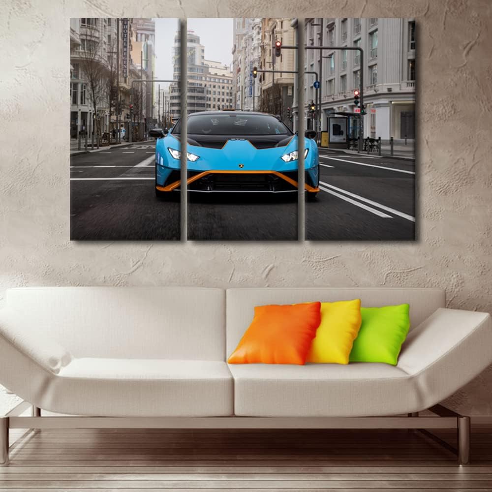 Canvas Wall Art for Bedroom Super Car Wall Art for Living Room Car Poster Decor Wall Art 3 Panels Blue Sports Car on the Street Modern Artwork for Home Walls Giclee Framed Ready to Hang 42"Wx28"H