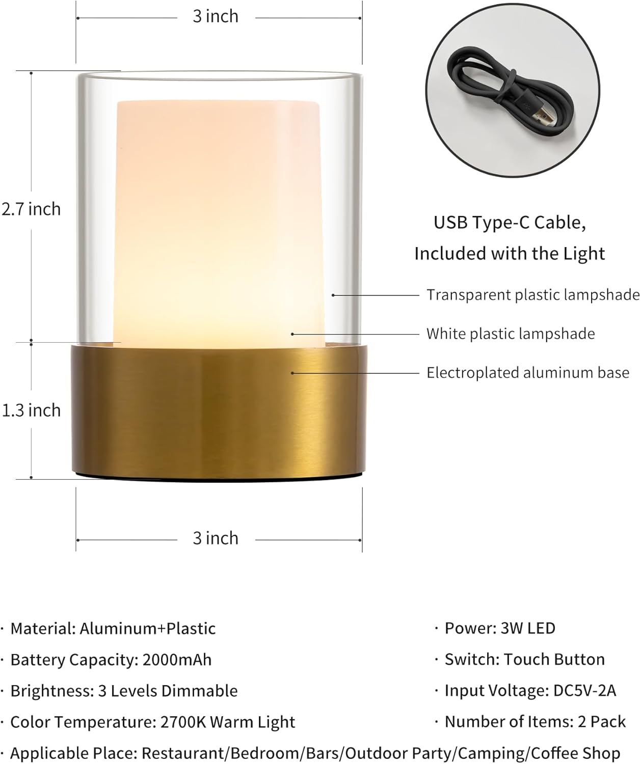 LED 4" Small LED Battery Operated Lamp Set of 2, Cordless Rechargeable Table Lamp, Mini Night Light, Waterproof Outdoor Desk Lamp for Bathroom Bar Dining Room Nursery Baby Coffee Shop (Bronze)