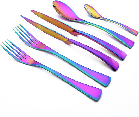 24-Piece Rainbow Flatware, Mirror 18/10 Stainless Steel Modern & Luxury Dinnerware Set With Serrated Steak Knife Teaspoon For Daily Use or Dinner Party Restaurant - Service For 4