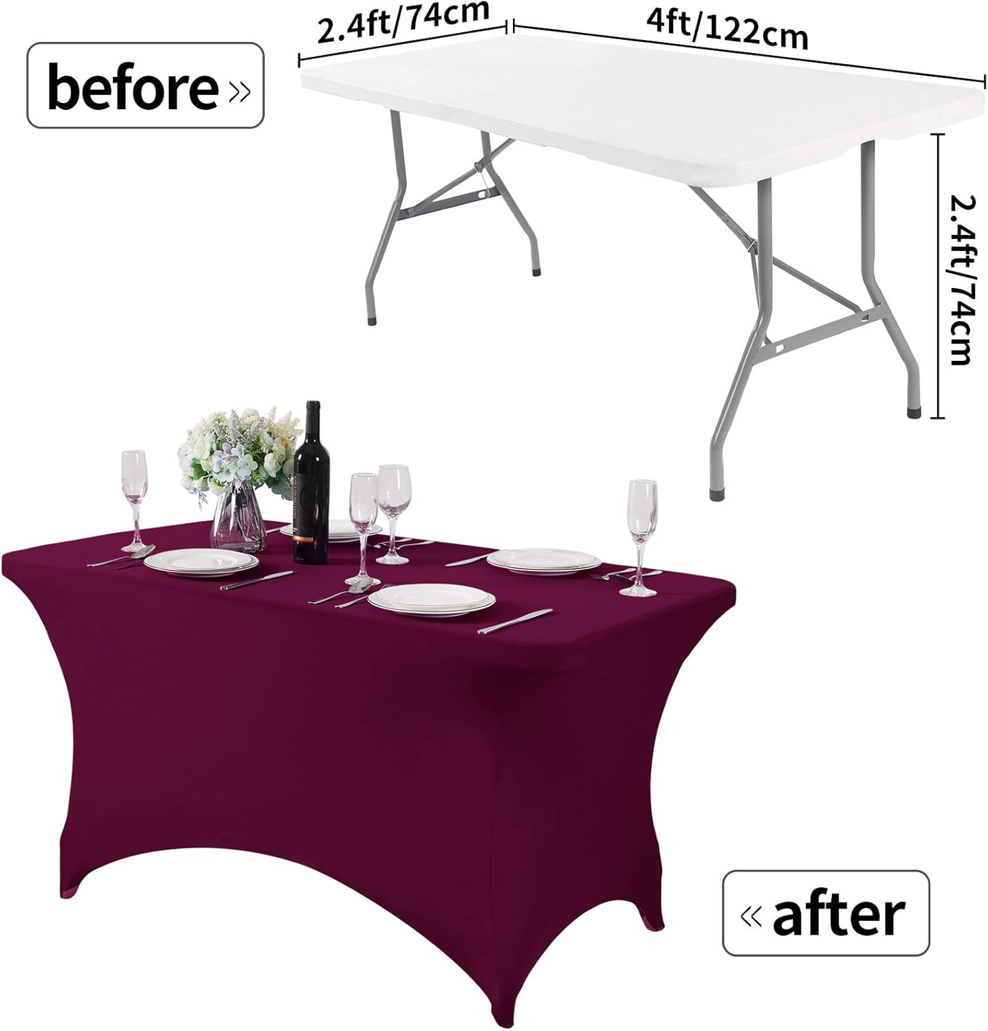 2Pack Spandex Table Cover for 4FT or 6ft or 9ft Table Universal Fitted Stretch Tablecloth for Party, Banquet, Wedding and Events-Burgundy