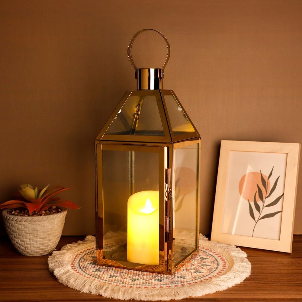 JHY Design Gold Decorative Lanterns 16" H Stainless Steel Candle Lanterns with Tempered Glass for Indoor Outdoor Events Parities and Weddings