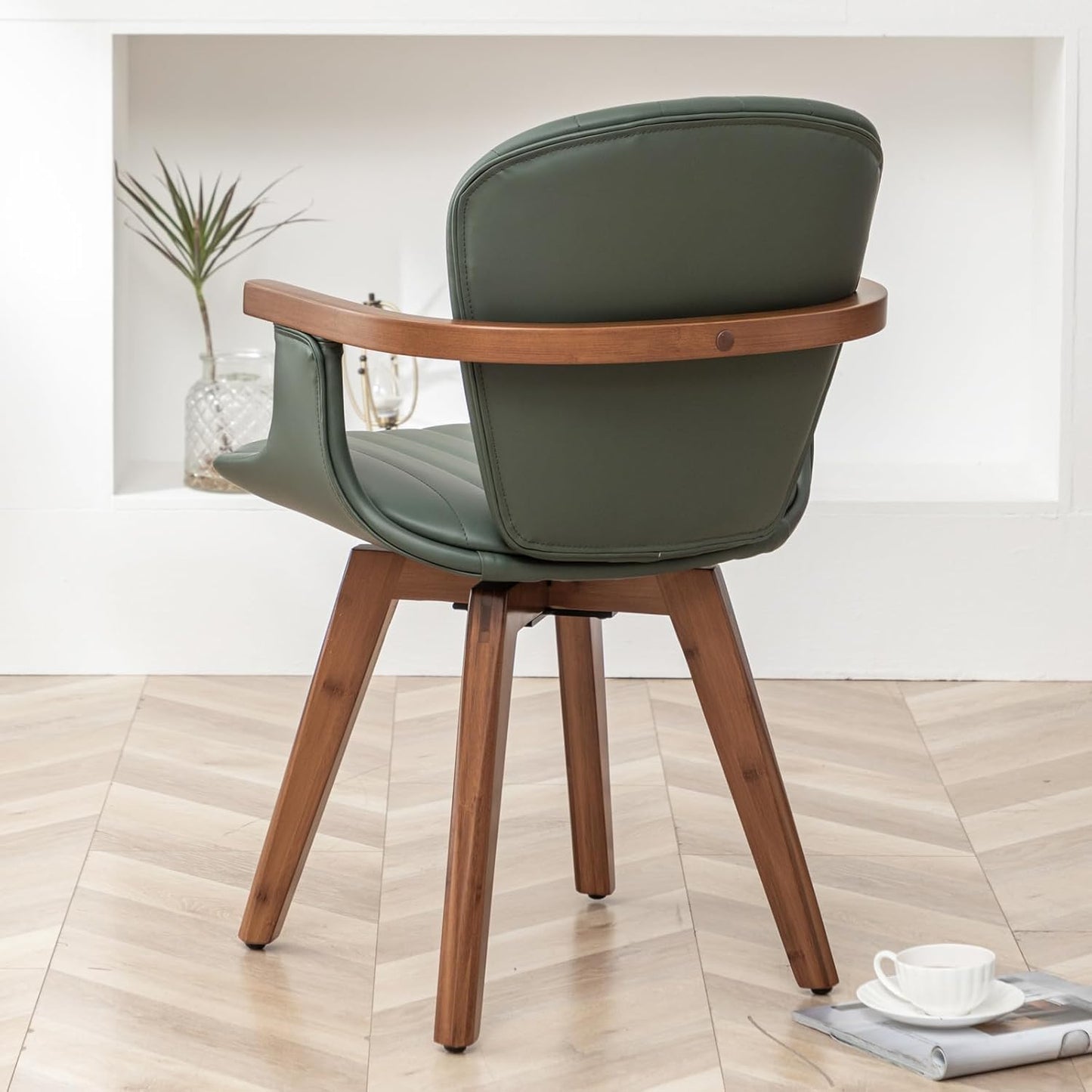 LUNLING Swivel Dining Chairs, Mid Century Modern Green Faux Leather Kitchen Chairs with Arms,Bamboo Legs Side Chairs No Wheels,Accent Chair for Dining Rooms and Offices,1PCS