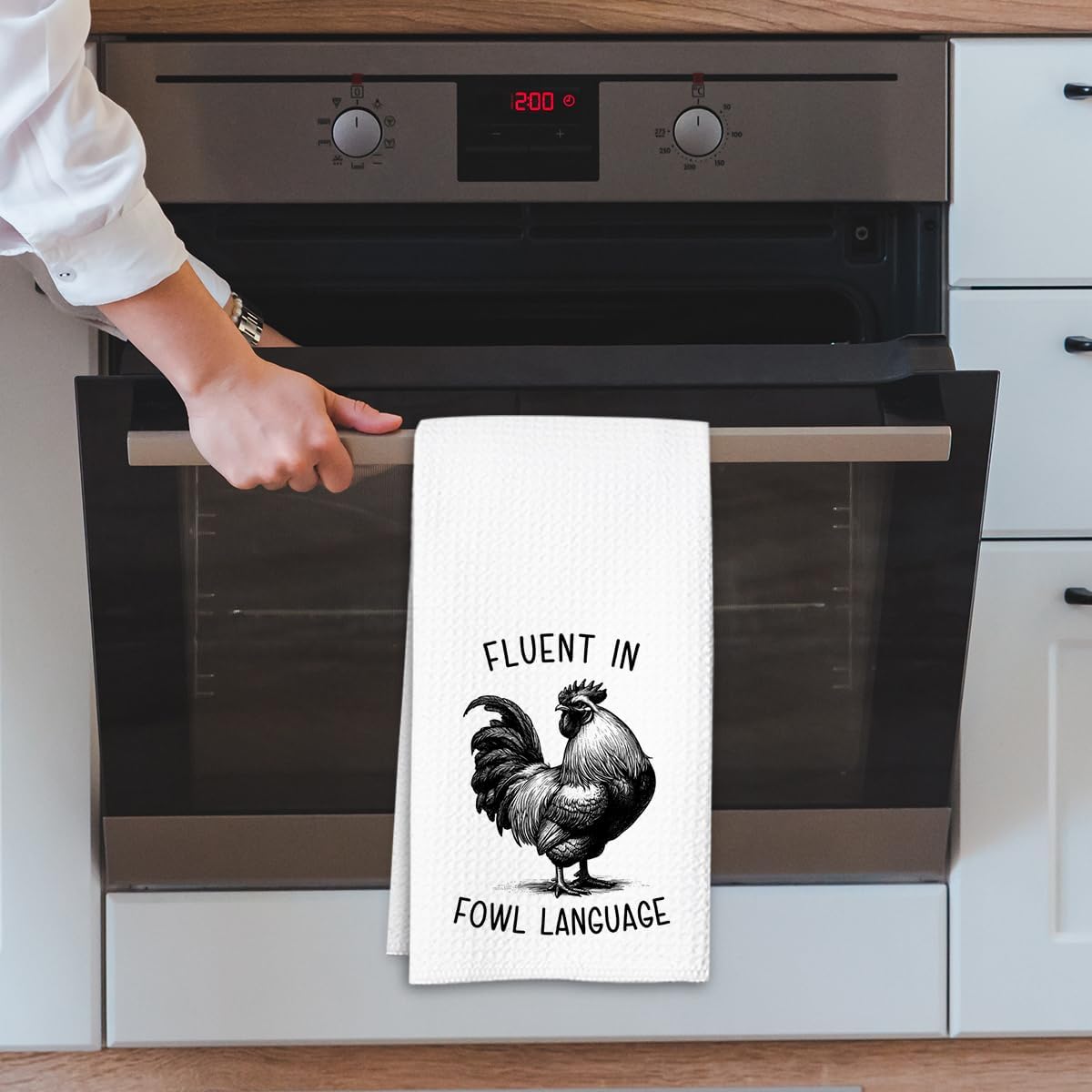 Chicken Dish Towel, Waffle Weave Microfiber Kitchen Cloth, Rustic Rooster Decor Accent, Farmhouse Style Gift for Chicken Lovers, Funny Country Hand Towel for Kitchen Bathroom - A05