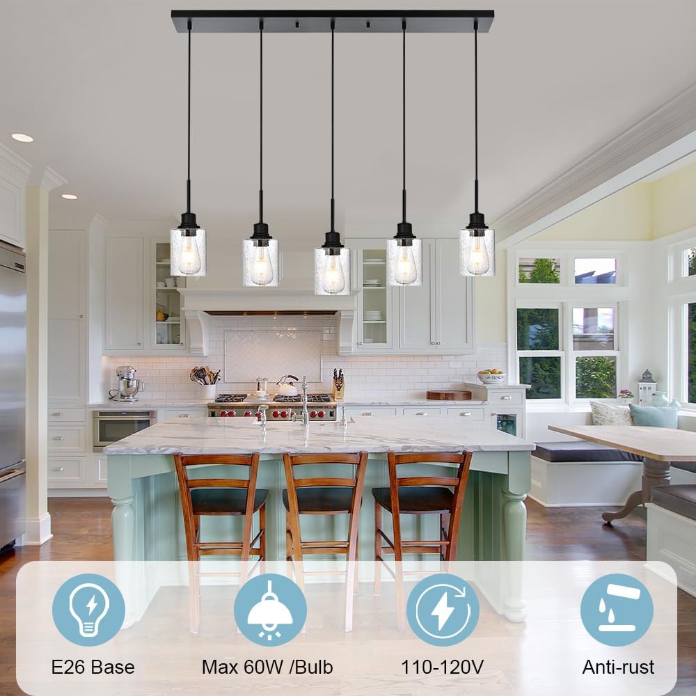 Black Chandelier 5 Light Dining Room Lighting Fixtures Hanging Linear Pendant Lights Industrial Modern Chandelier with Seeded Glass for Kitchen Island Living Room Bedroom Foyer Hall Entryway