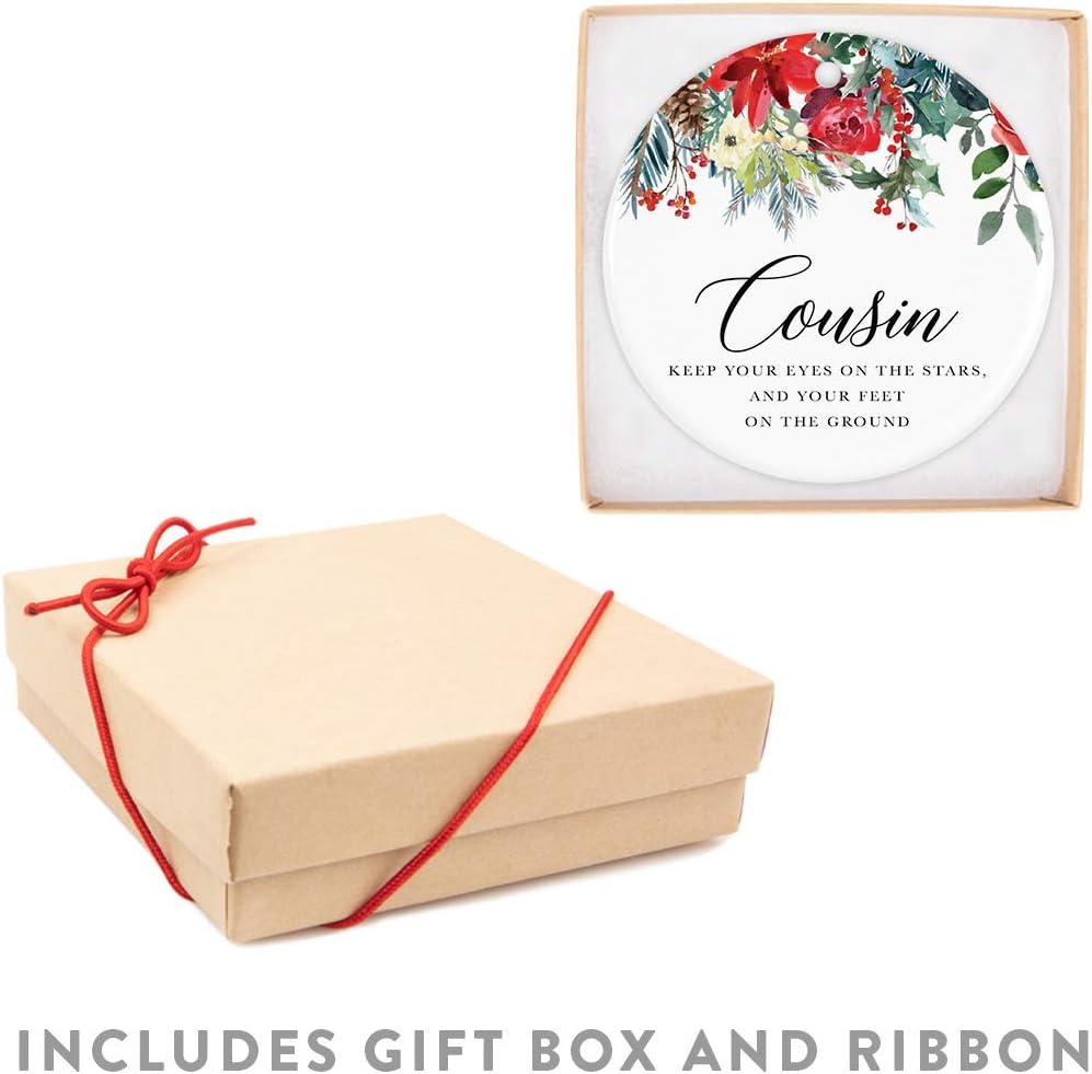 Andaz Press Round Ceramic Porcelain Christmas Tree Ornament Keepsake Gift for Cousins, Cousin Keep Your Eyes on The Stars, and Your Feet on The Ground, 1-Pack