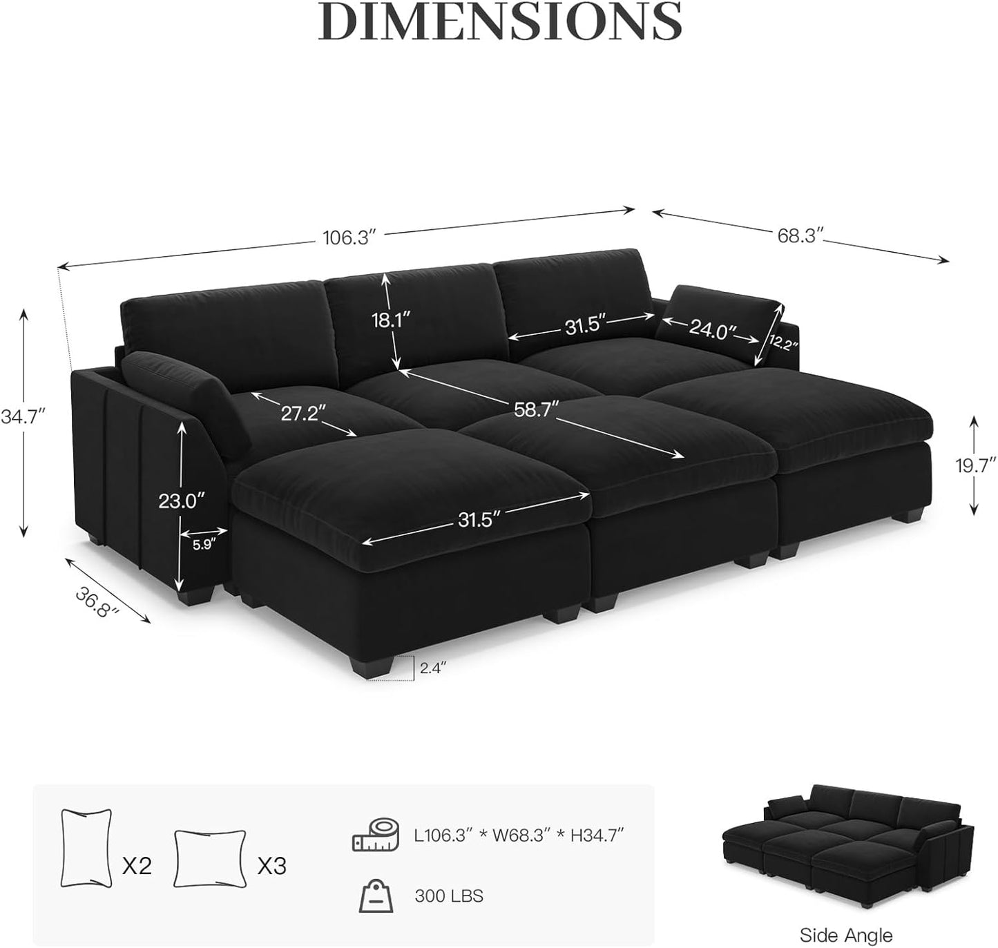 Belffin Sectional Couches for Living Room,106.3" 6-Seater Sleeper Sofa Bed,Extra Deep Seat Velvet Cloud Couch with Ottoman,Modular Sectional Sofa with Washable Covers,Black