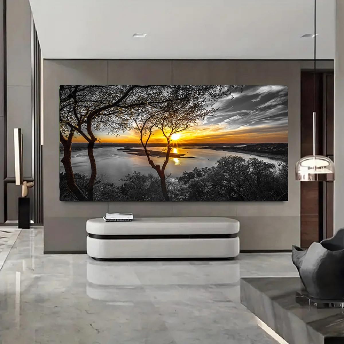 Bamdeya Black and White Canvas Wall Art Bedroom large Lake Tree Print Art Forest Gold Sunset Poster Picture Natural Scenery Wall Decor Living Room Landscape Painting Office Home Decorations Framed