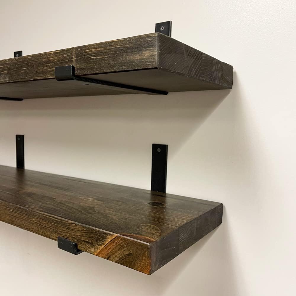 Rustic Shelves with J-Brackets Set of 2, Industrial Shelf, Kitchen Shelves, Solid Wood, Decorative Wall Storage, Heavy Duty, URBANDI (Dark Brown, 36Wx6D)