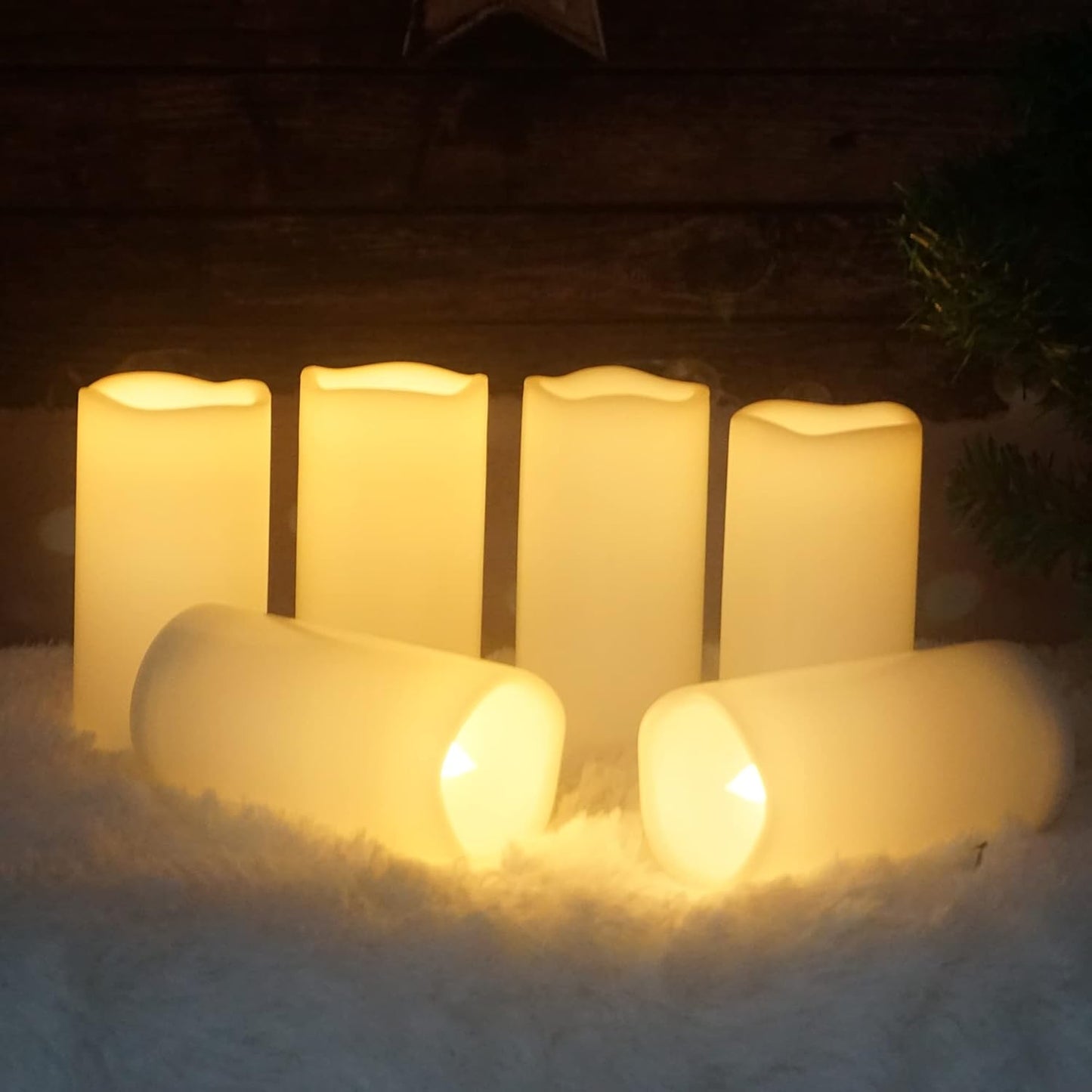 CANDLE CHOICE Waterproof Outdoor Battery Operated Flameless Candles Remote Timer Ivory Plastic Realistic Flickering Fake Electric LED Pillars Lantern Garden Wedding Christmas Decorations 3”x6” 6 Pack