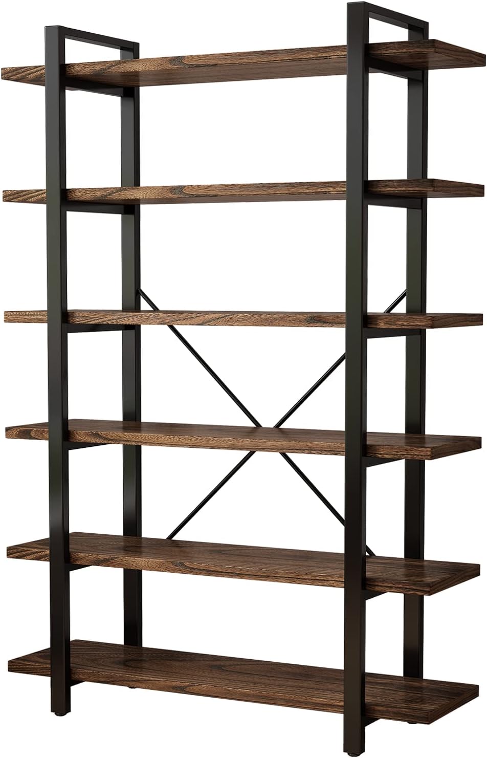 Solid Wood Bookcase and Book Shelves Wood and Metal Shelving Unit 6 Tier Bookshelf Modern Rustic Open Bookshelf Office,Distressed Brown (AY-02-6Tier)