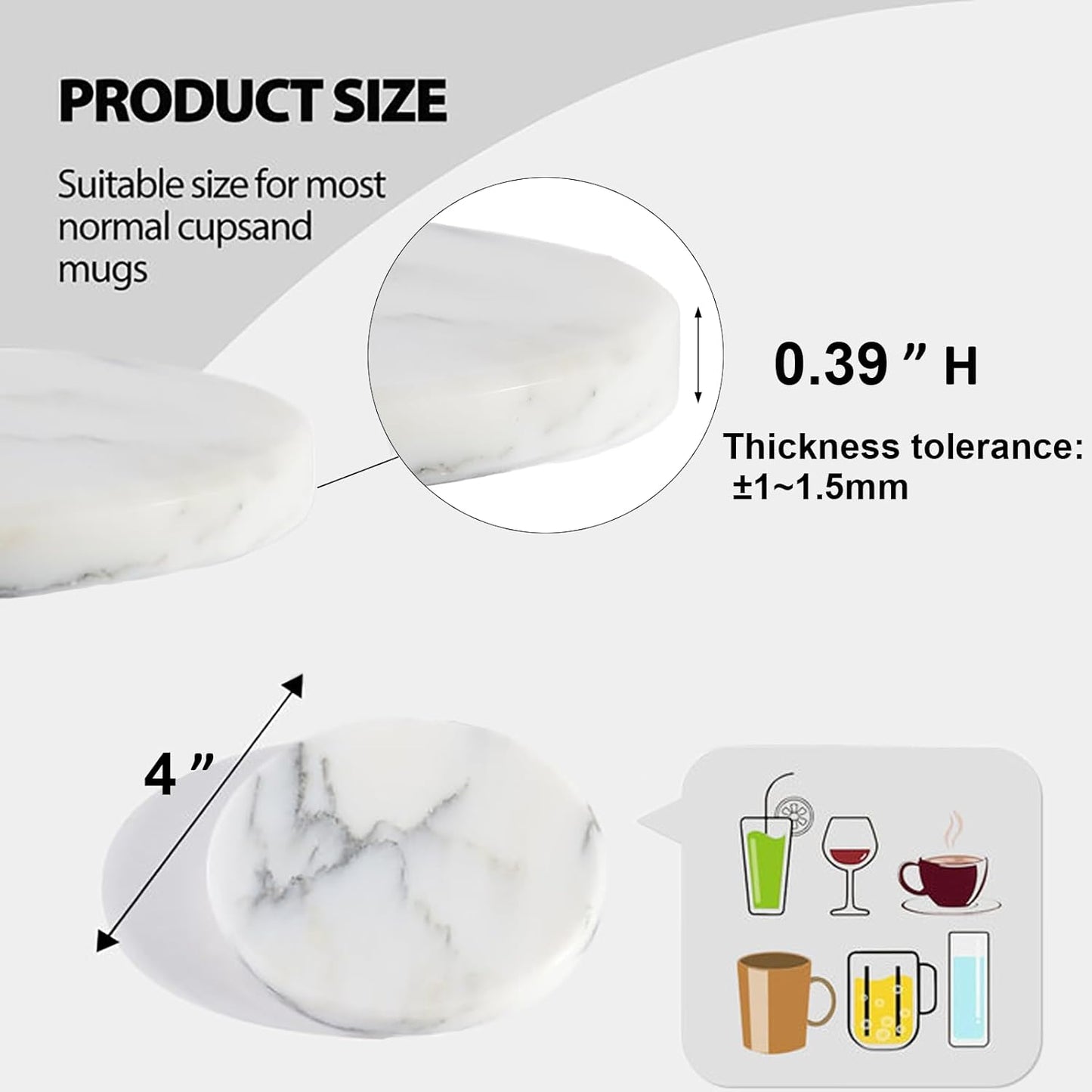 BCS Marble Coasters Set of 6 with Holder - Premium White Stone Drink Coasters, Durable Cup Mats for Coffee, Beer, Wine - Non-Slip Modern Table Decor for Home, Office, Dining