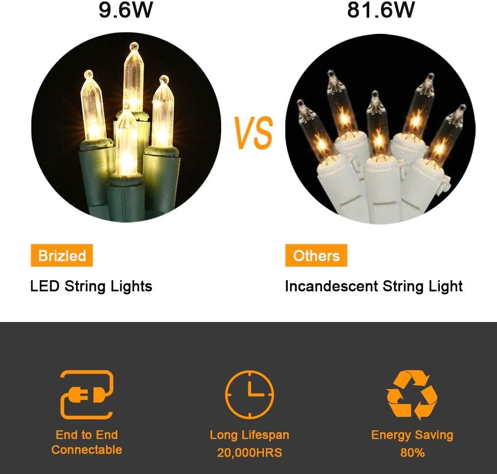 Brizled Christmas Lights Warm White, 2 Pack 33ft 100 LED Christmas String Lights, 120V UL Certified Connectable Xmas Tree Lighting Mini Xmas Light Set for Holiday Tree Home Party Indoor Outdoor Decor