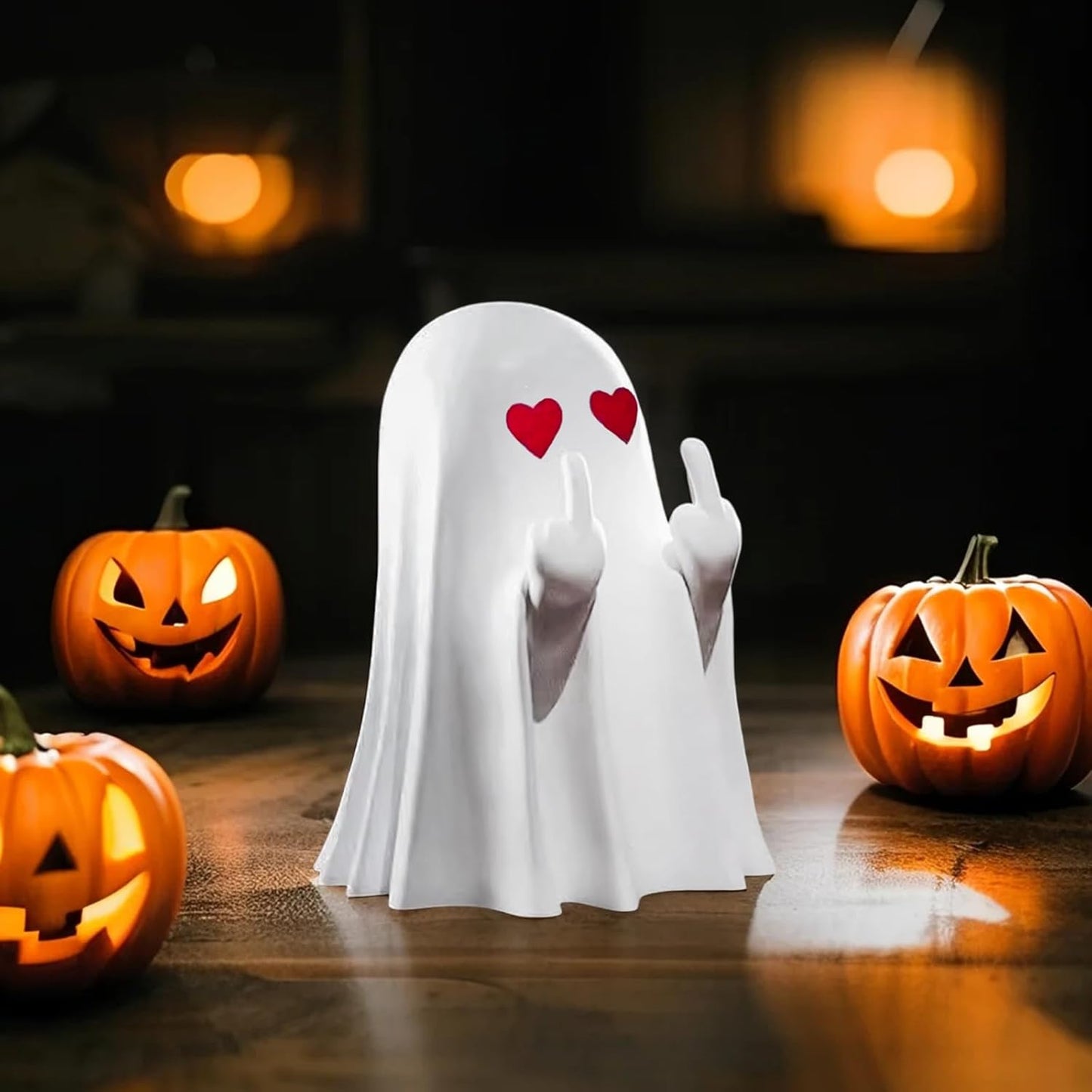Halloween Ghost Figurine, Funny Middle Finger Spooky Resin Statue, Cute Heart Ghost Decor for Halloween Decorations Indoor, Porch and Indoor Spooky Home Party Decor Gifts