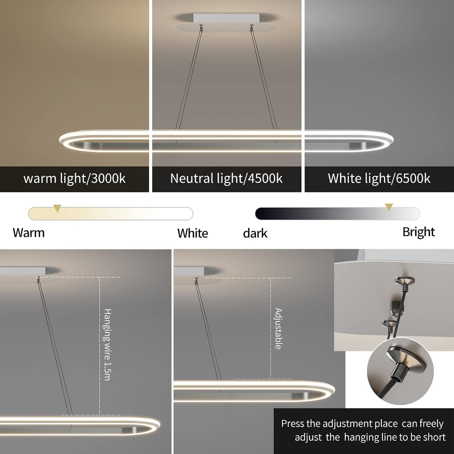 Island Lights, Linear Pendant Light LED Dimmable Hanging Light Fixture, 3000K-6000K with Remote Control,Chandeliers for Dining Room‎(Silver,43.3IN)