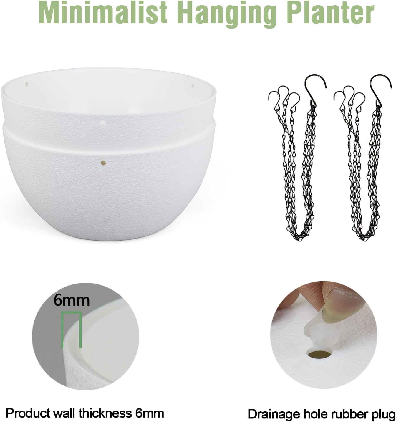 8 inch Small Hanging Planters for Indoor Outdoor Plants, 2 Pack Hanging Flower Pots with Drainage Holes and Chain for Garden Porch Plants, Plastic Hanging Baskets for House Plants, White