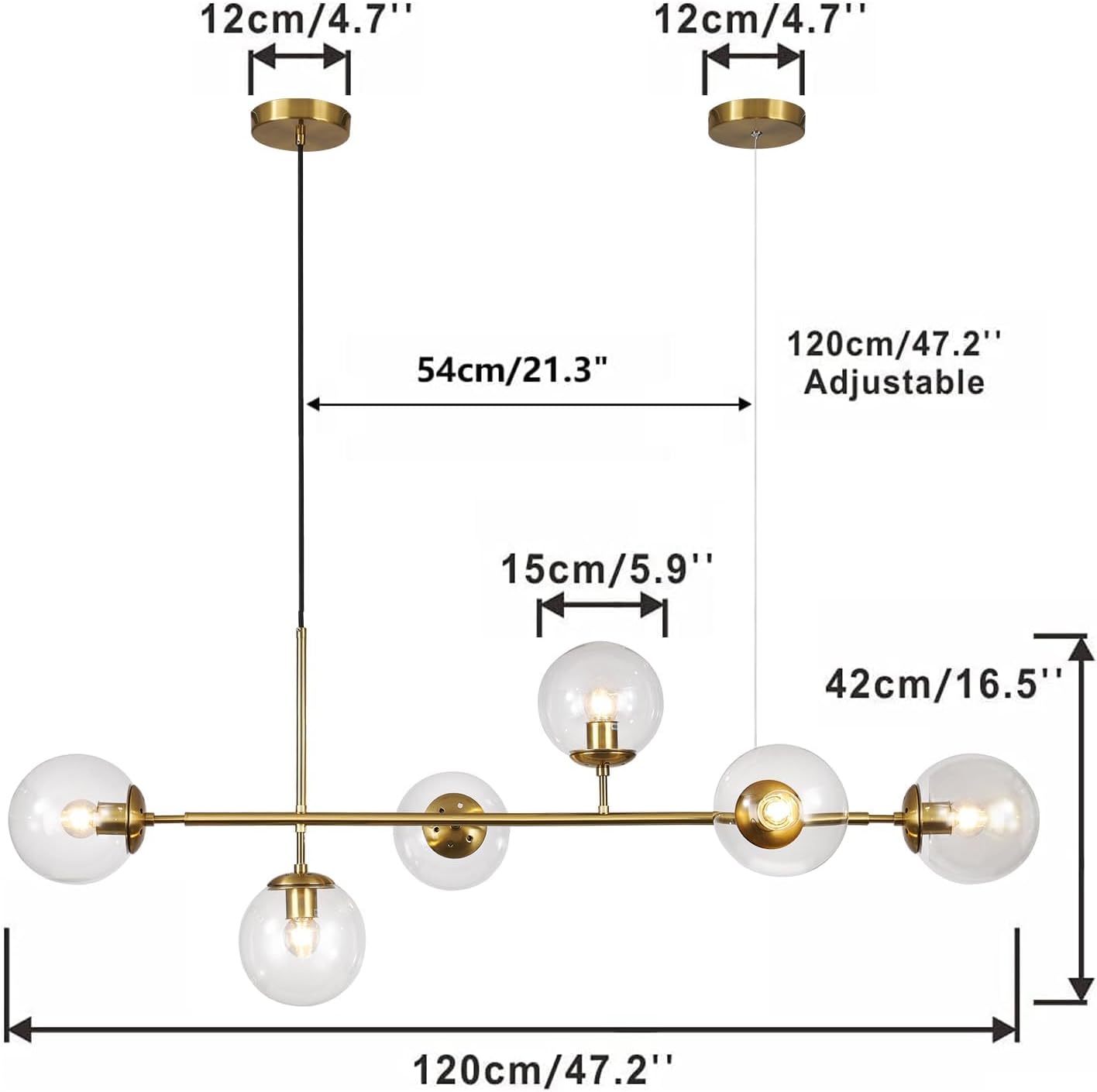 KCO Lighting 6 Light Bubble Chandelier Lighting Clear Glass Globe Chandelier Brass Gold Linear Pendant Light Mid Century Modern Pendant Light for Living Room Kitchen Island Dining Room