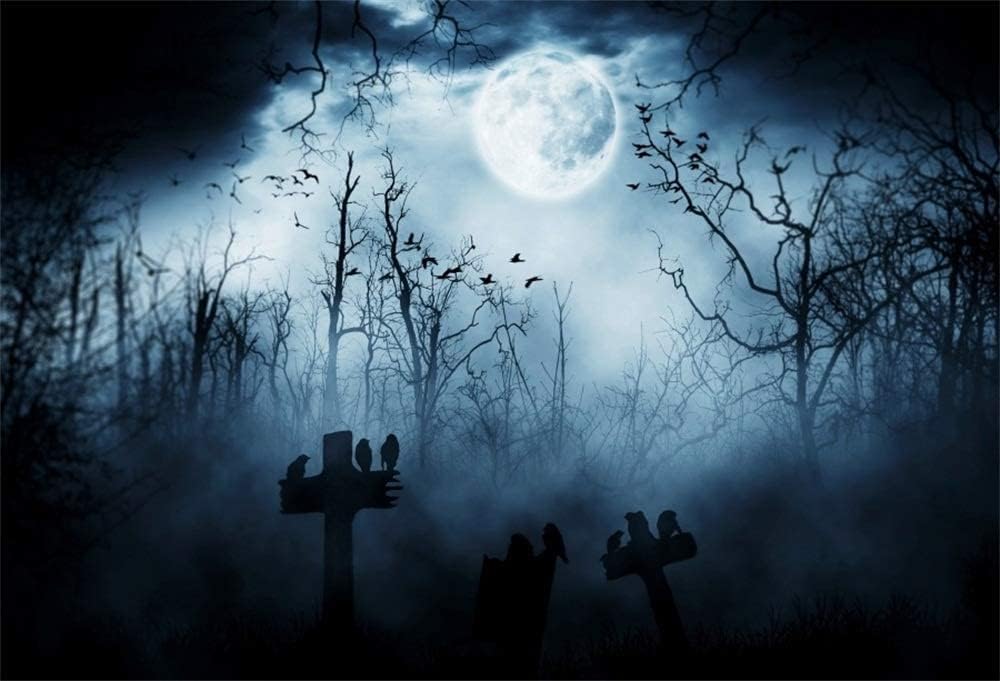 AOFOTO 15x10ft Moon Night Halloween Cemetery Photography Backdrop Flying Bats Birds Stand on Gravestone Cross Graveyard in Dark Forest Photo Background Cloth Vinyl Wallpaper Photo Studio Props