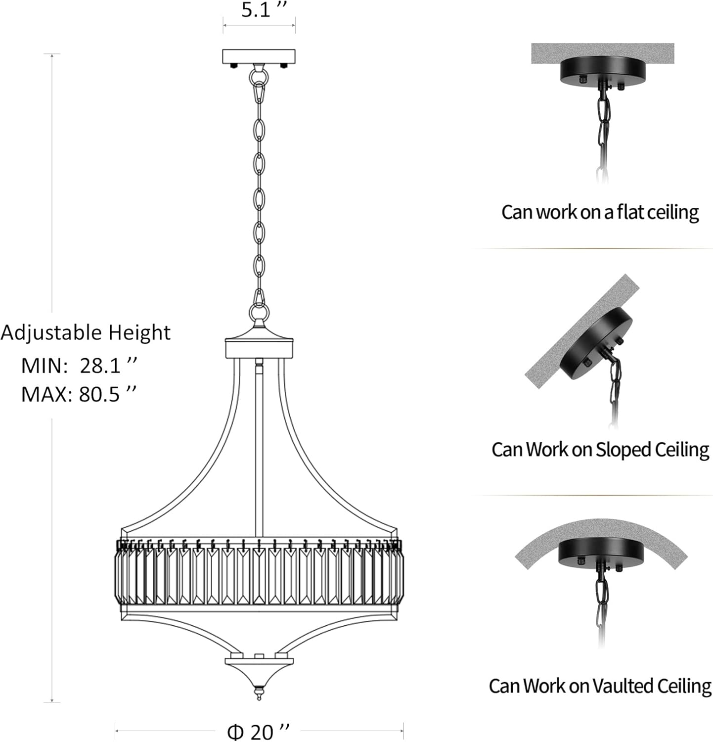 20" Modern Crystal Chandelier, 5-Light Gold Dinning Room Light Fixtures Over Table, Hanging Round Pendant Chandelier for Kitchen Island Entryway Bedroom Office Bathroom Stairwell