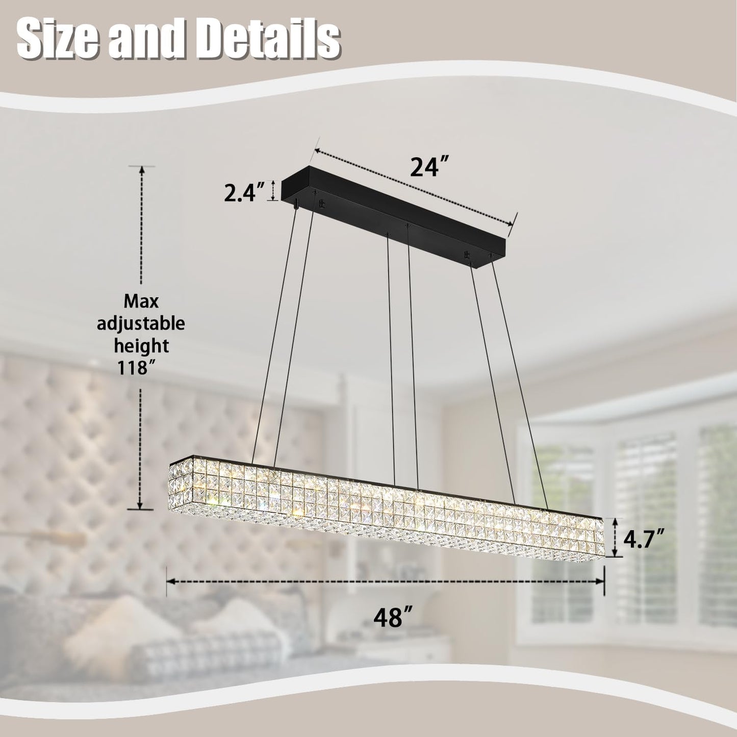 W48 Black Chandeliers for Dining Room, Modern Crystal Pendant Lights Fixture Farmhouse Hanging Dining Light Fixtures for Kitchen Island, Living Room, Bedroom