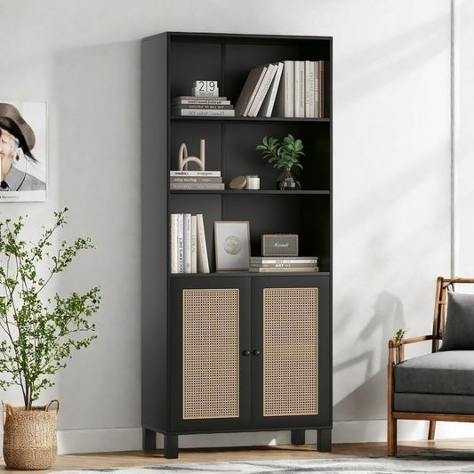 Tall Bookshelf, 5-Tier Book Shelf with 2 Rattan Doors, Freestanding Bookcase Display Shelves with Large Storage, Book Case for Living Room, Office, Study, Bedroom, 70.9 Inch