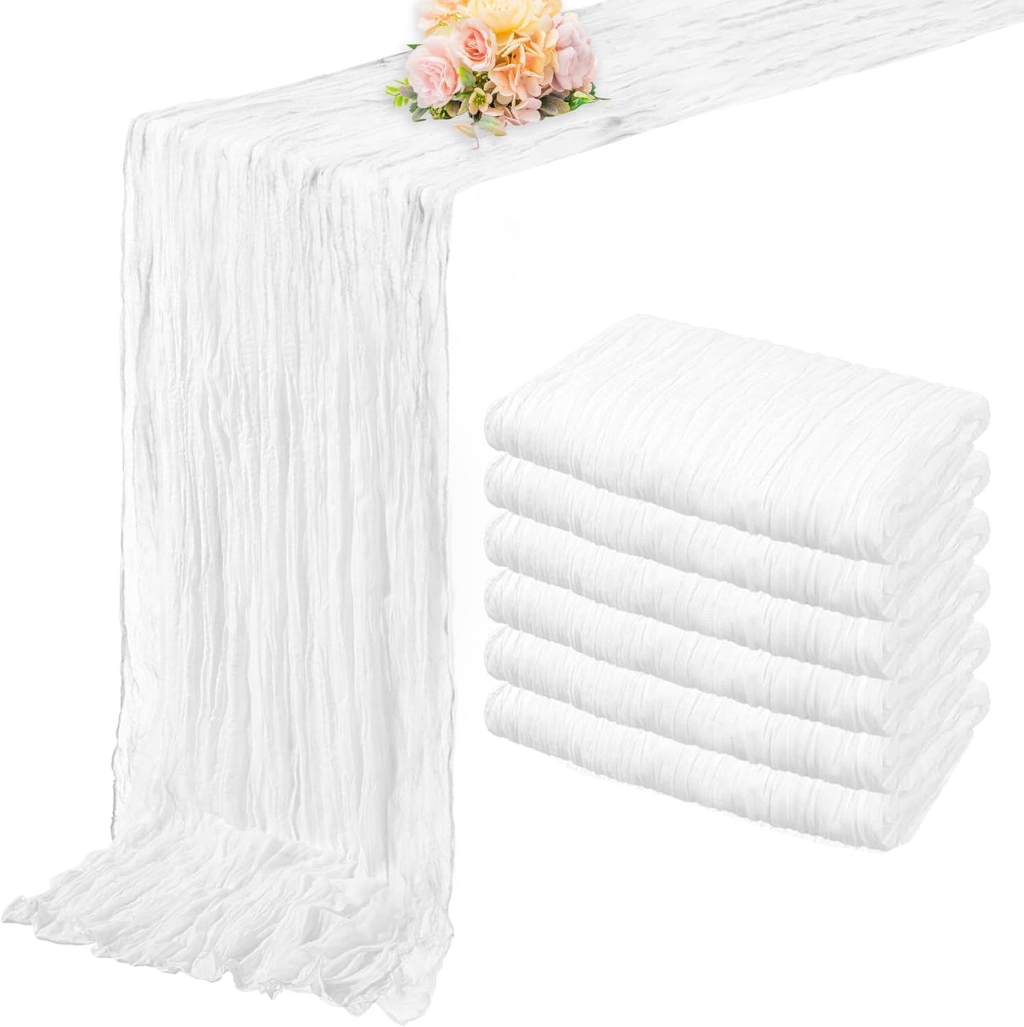 10FT 6 Pack White Cheesecloth Table Runner 20 x 120 Inch Long Rustic Gauze Cheese Cloth Table Runner for Wedding Bridal Baby Shower Table Decorations Boho Fabric Sheer Birthday Party Table Decor